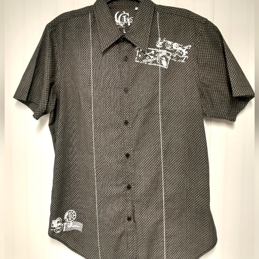 Guess Men's Black/Gray Geometric Patterned Short Sleeve Shirt Button Down Size L